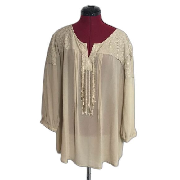 Chico's Sheer Cream Blouse with Beaded Fringe Detail Women Size XXL Embroidered - Picture 1 of 12